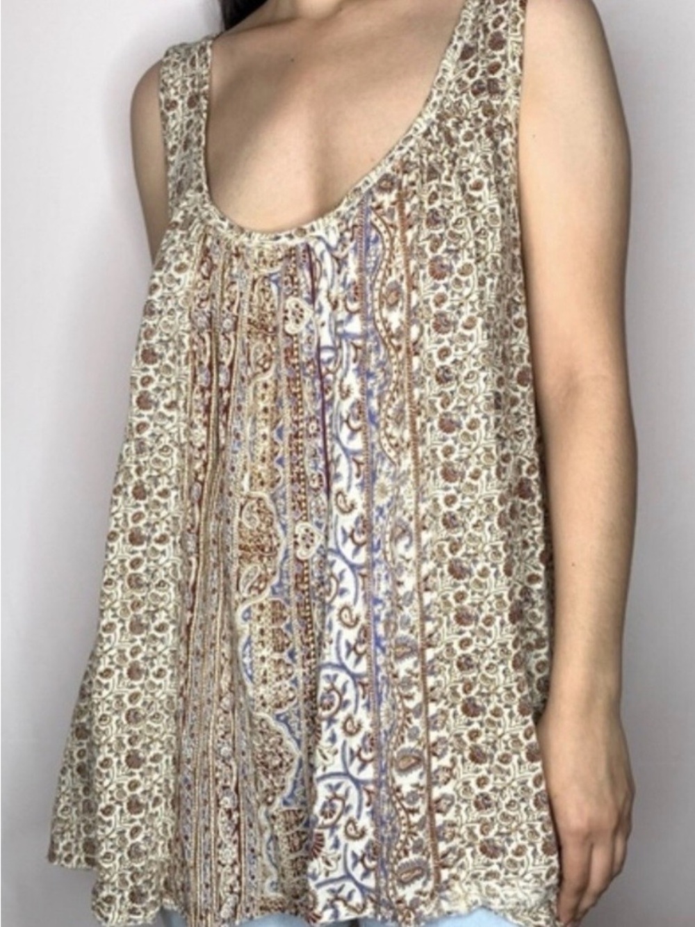 Free People Mess Around Tunic Top Flowy Paisley Print Tank Sz Small Scoop Neck
